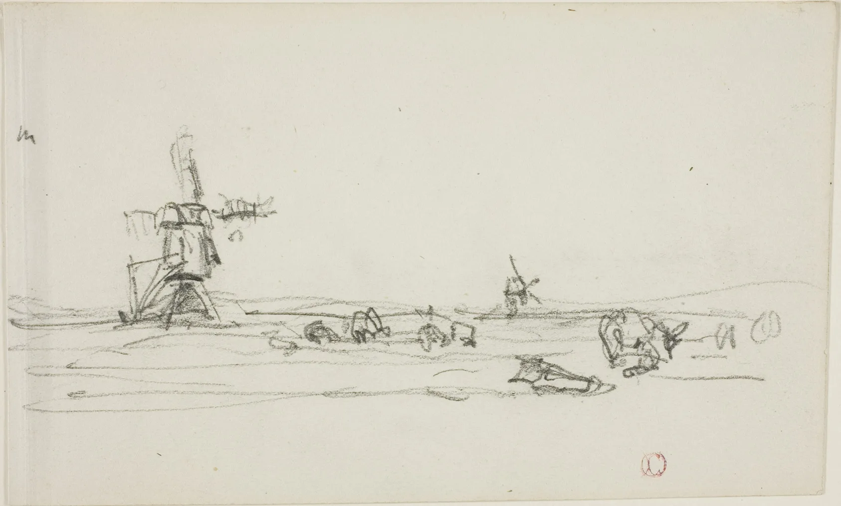 Landscape in Holland (recto); Sketch of Windmills by Water (verso), Daubigny, 1837/78