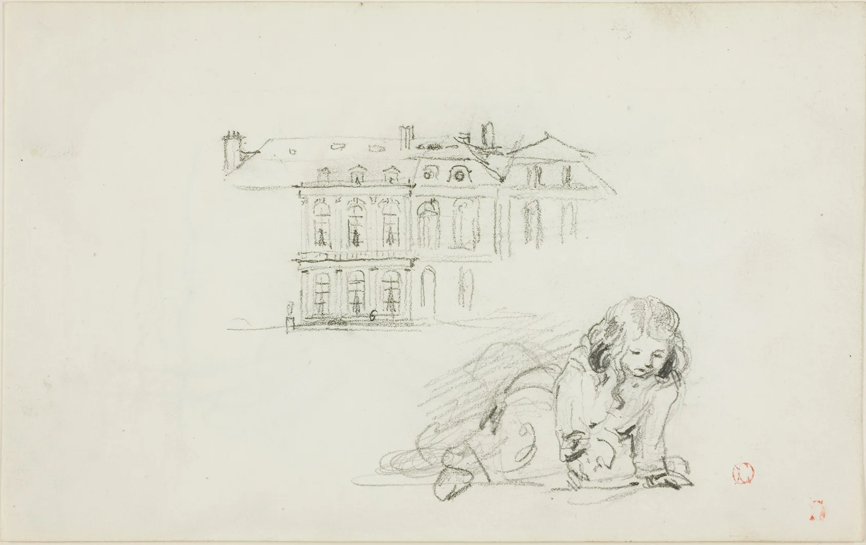 Sketches: The Hotel de Ville, Tours and a Girl Playing (recto); Stork (verso), Daubigny, 1837/78
