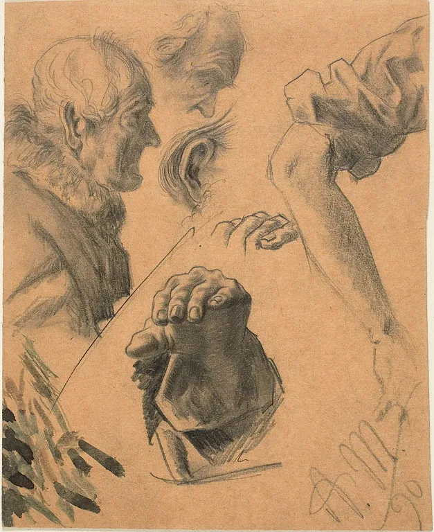 Sketches of Hands, Arms, and Heads, Menzel, 1890