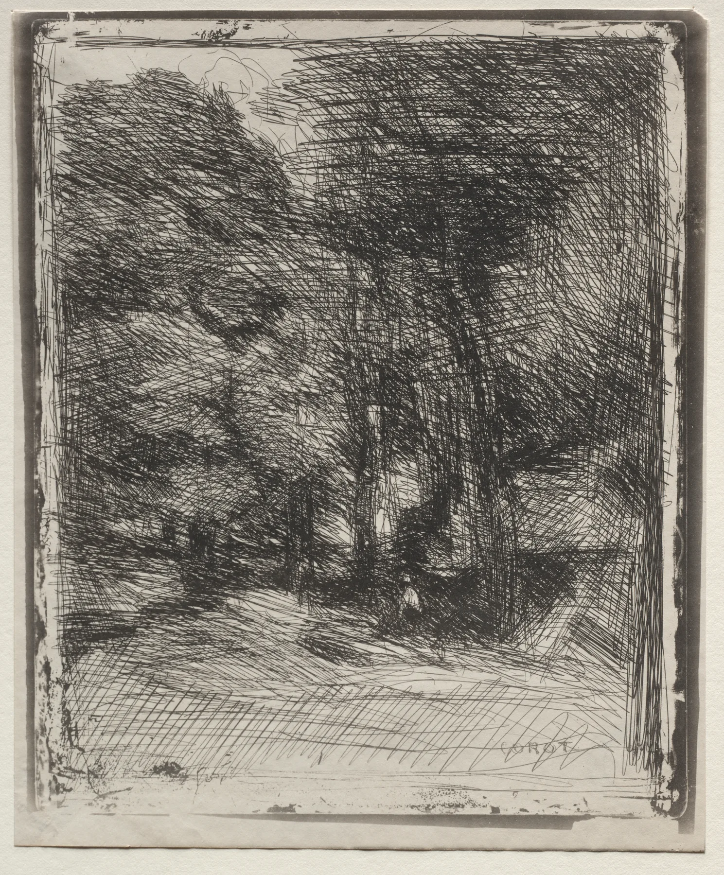 A Souvenir of the Bas-Bréau, Corot, original impression 1858, printed in 1921