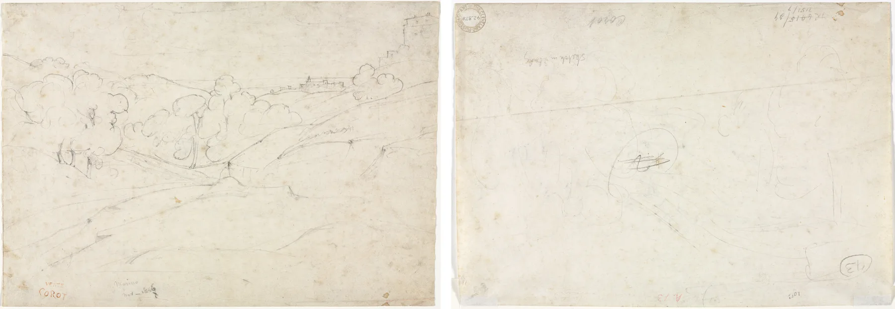View of Marino (recto); Sketch for a Landscape (verso), Corot, 1827