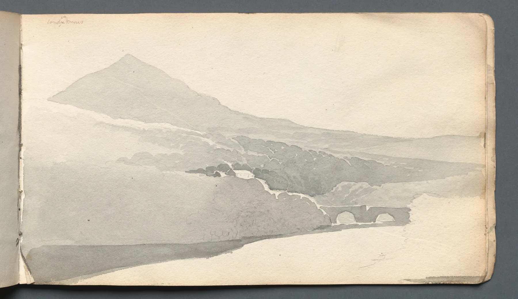 Sketchbook: "Mountainous Landscape with Bridge", Prout, 1814
