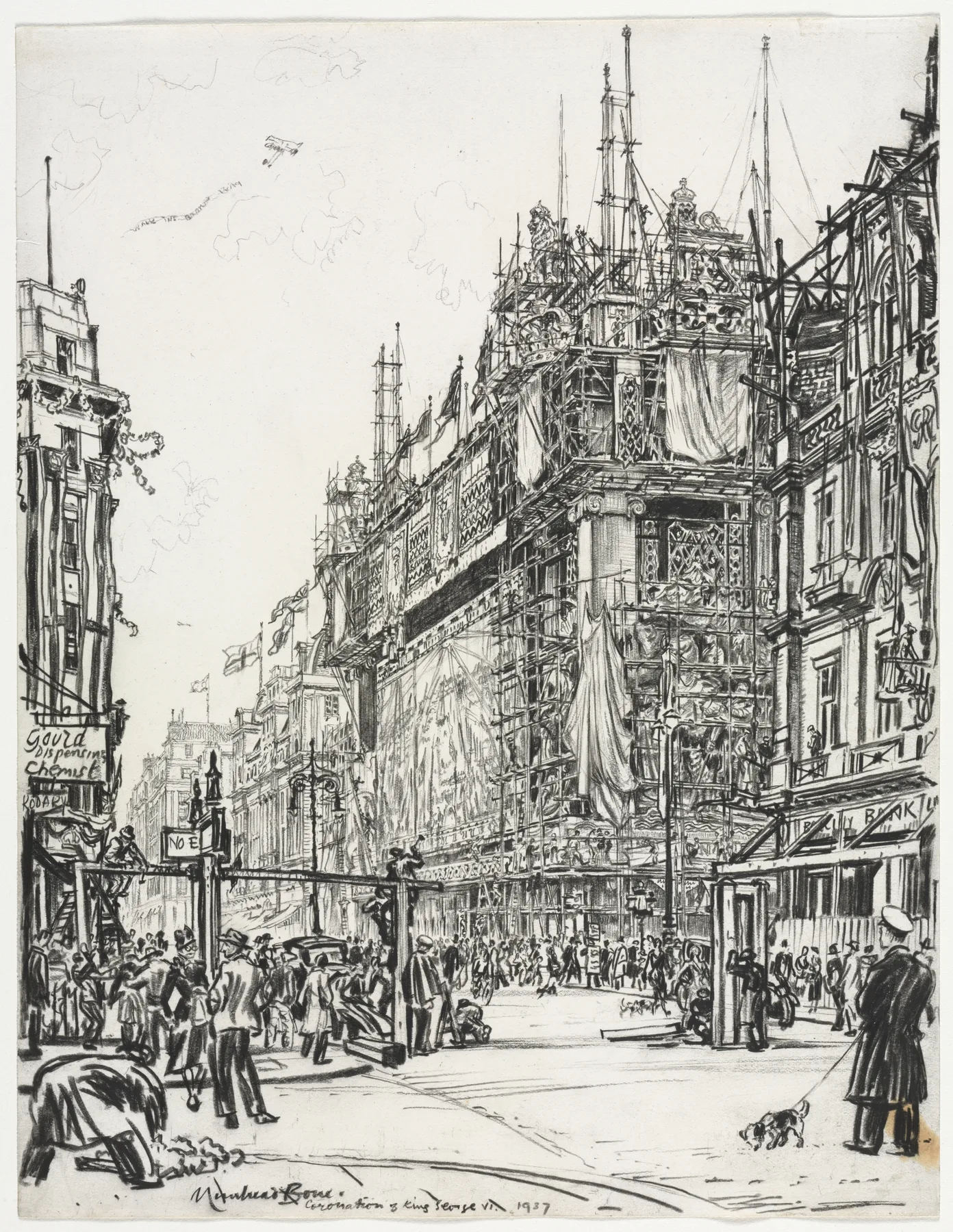 Selfridges, Oxford Street; Coronation of George VI, Muirhead Bone, 1937