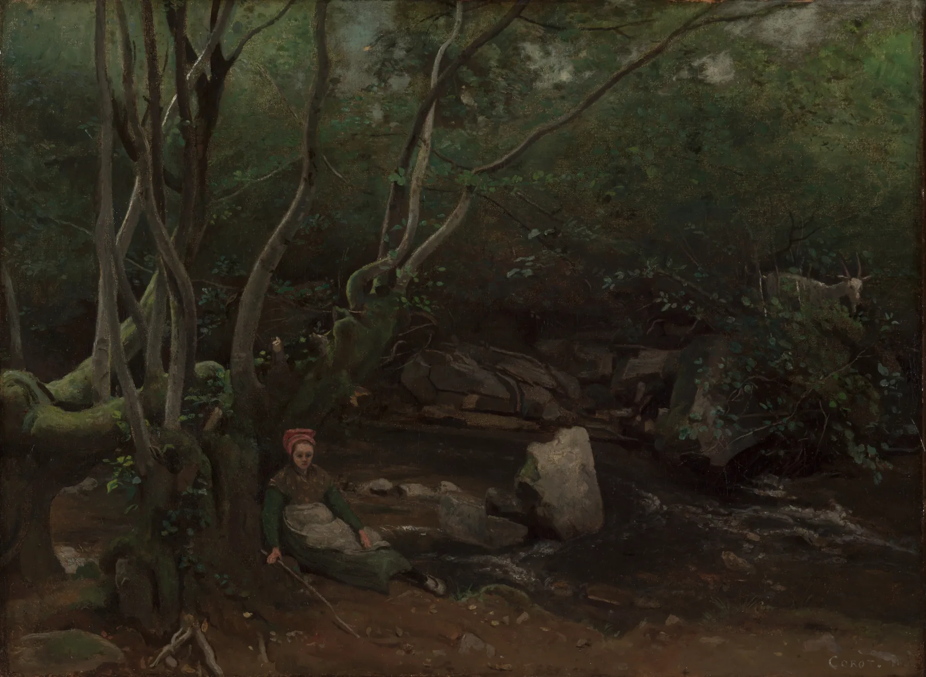 Lormes: Goat-Girl Sitting Beside a Stream in a Forest, Corot, 1842