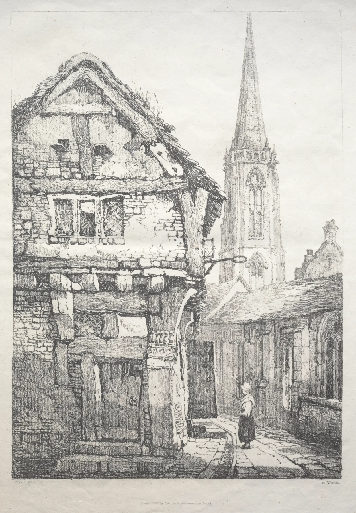 A Series of Ancient Buildings and Rural Cottages in the North of England: At York, Street beside Cloister Wall, Prout, 1821