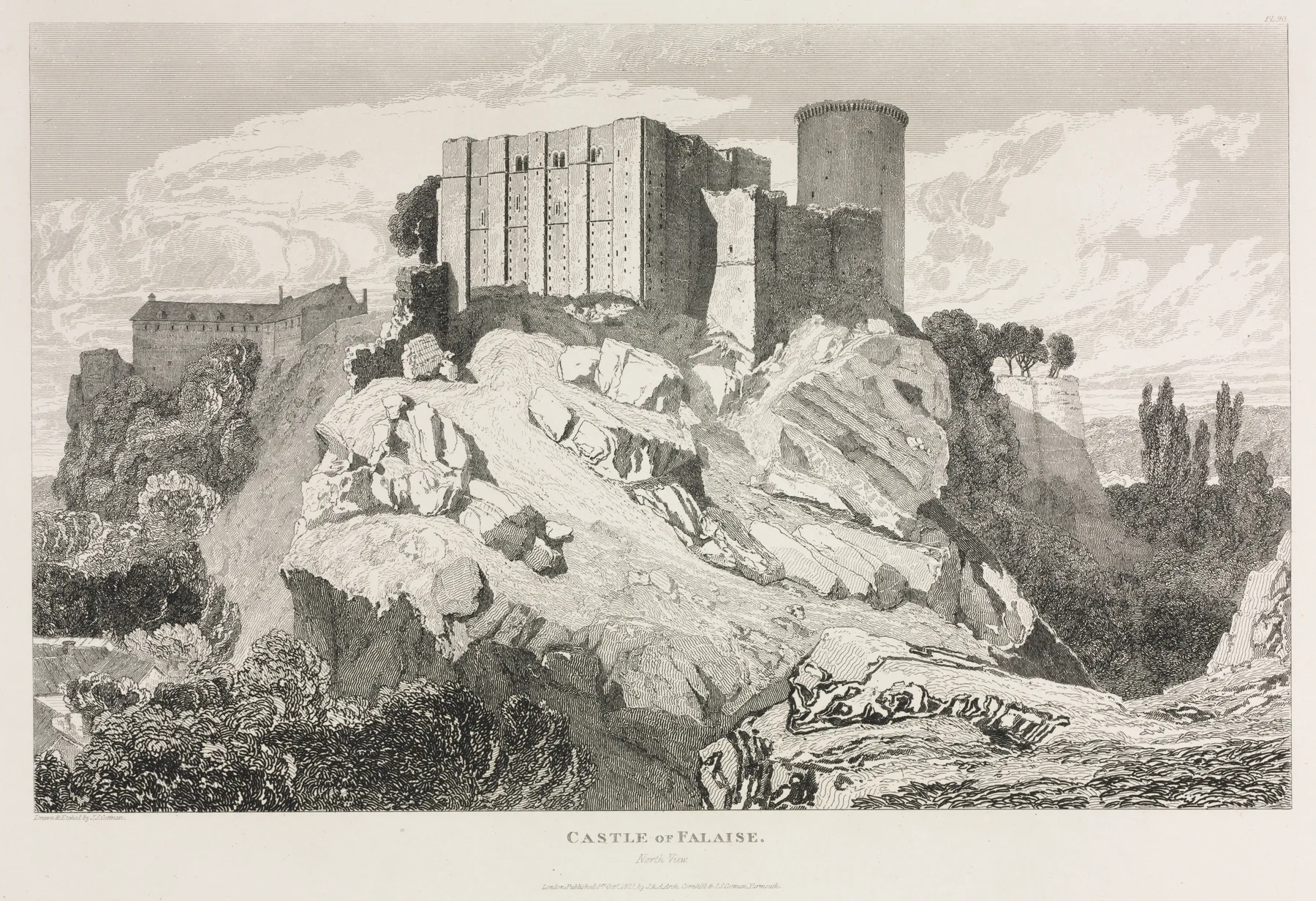 Architectural Antiquities of Normandy (Vol. II), Pl. 90:  Castle of Falaise (North View), Cotman, 1821