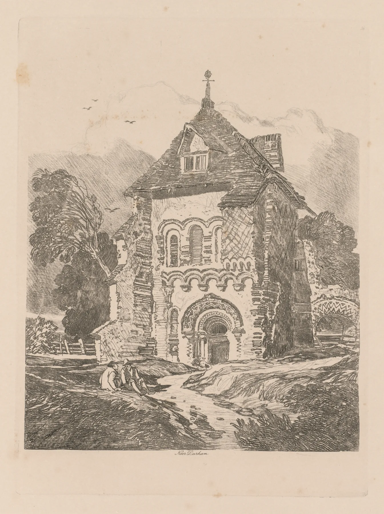 Liber Studiorum: Plate 36, Church near Durham, Cotman, 1838