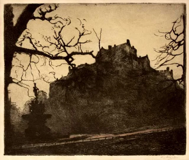 Edinburgh Castle from West Princes Street Gardens, with the Ross Fountain, Forrest, c. 1908 to 1934