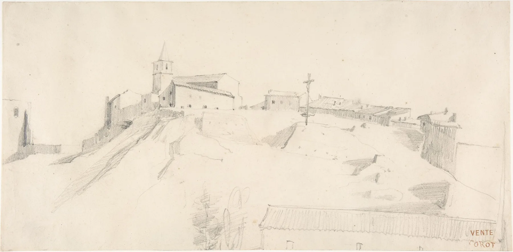 View of a Hill Town with a Crucifix, Corot, possibly 1830s