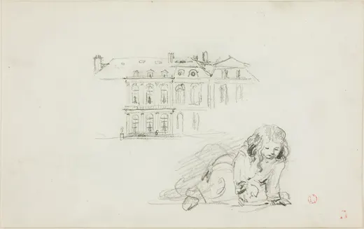 Sketches: The Hotel de Ville, Tours and a Girl Playing (recto); Stork (verso), Daubigny