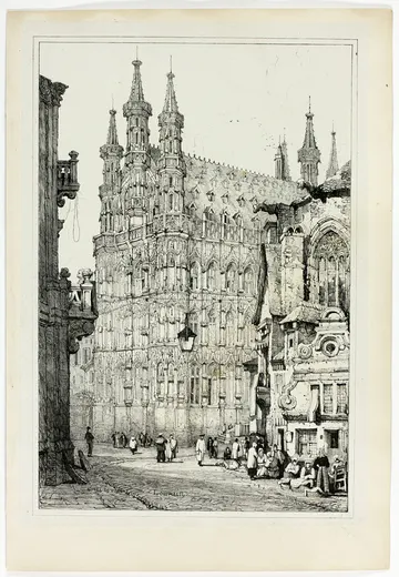Hotel de Ville, Louvain, from Facsimiles of Sketches made in Flanders and Germany, Prout