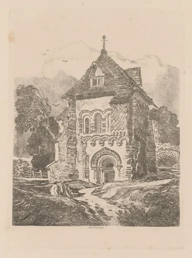 Liber Studiorum: Plate 36, Church near Durham, Cotman