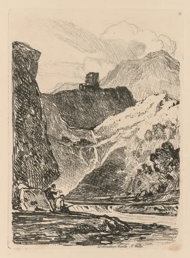 Liber Studiorum: Plate 12, Dolbadern Castle, Llanberris Lake, North Wales, Cotman